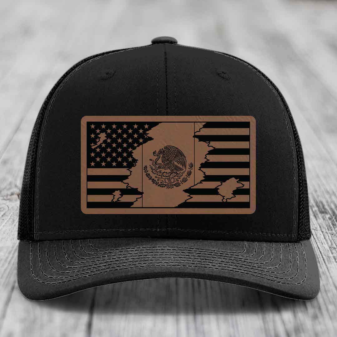 American Mexican Flag - Leather Patch Hat - Dark Brown to Black Patch - Richardson 112 Snapback Trucker Hat