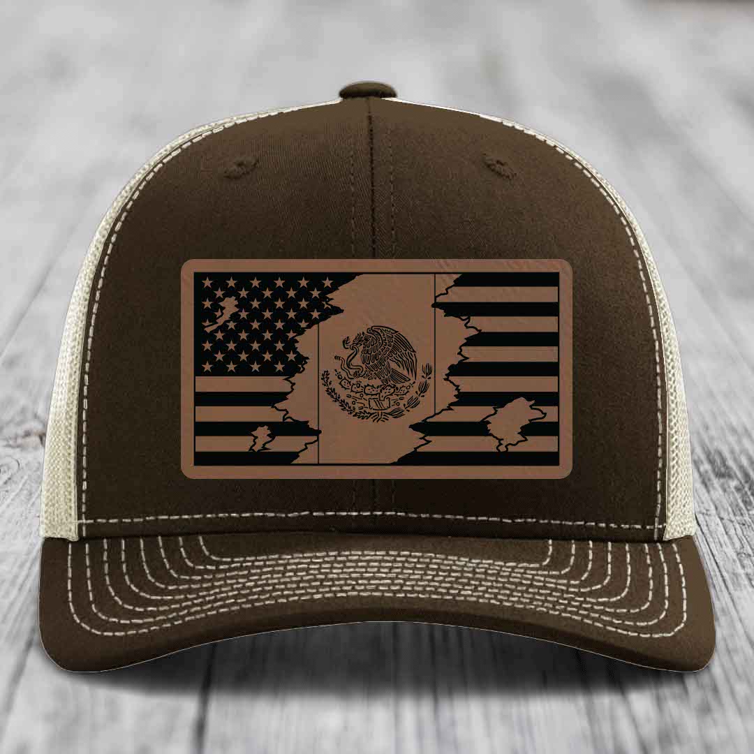 American Mexican Flag - Leather Patch Hat - Dark Brown to Black Patch - Richardson 112 Snapback Trucker Hat