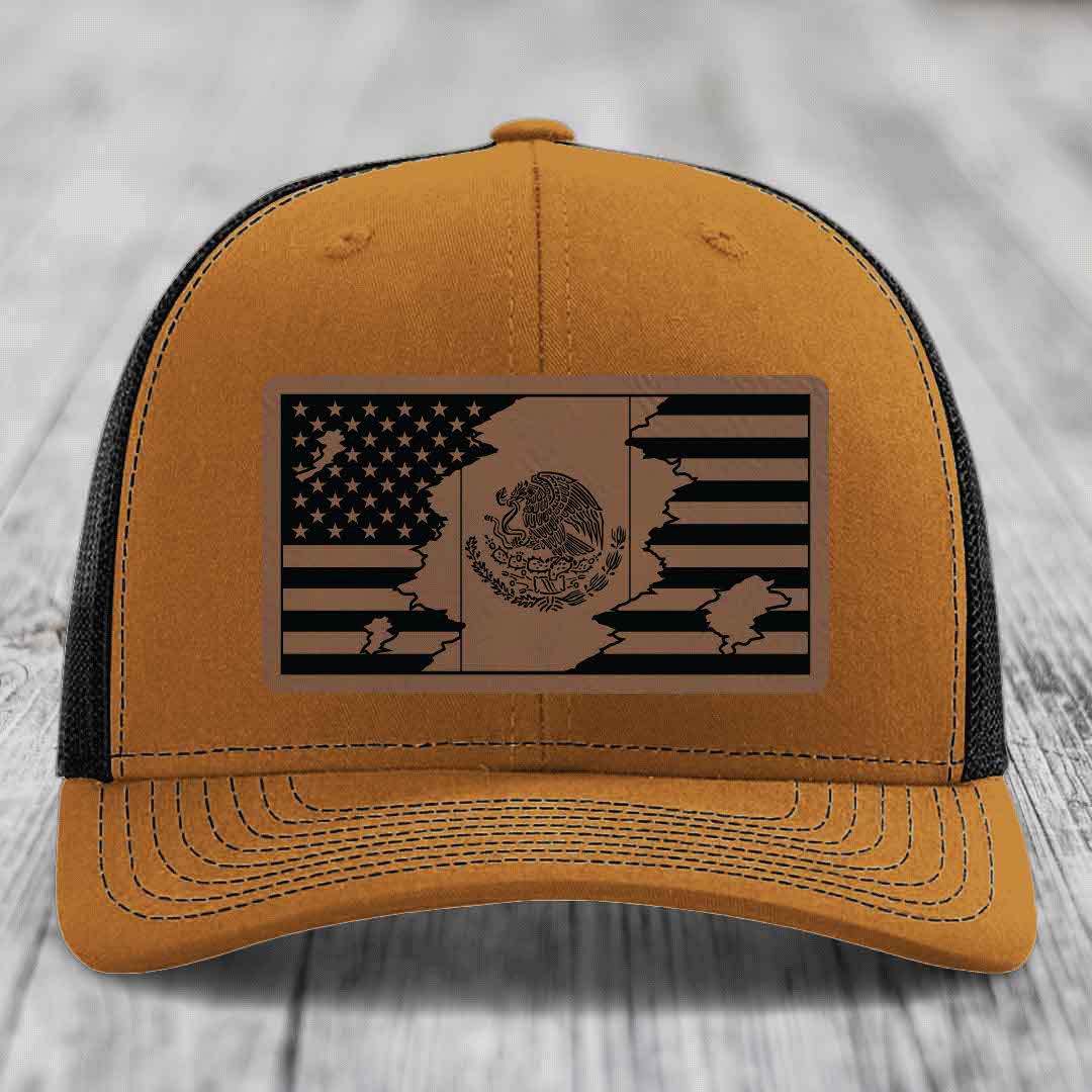 American Mexican Flag - Leather Patch Hat - Dark Brown to Black Patch - Richardson 112 Snapback Trucker Hat