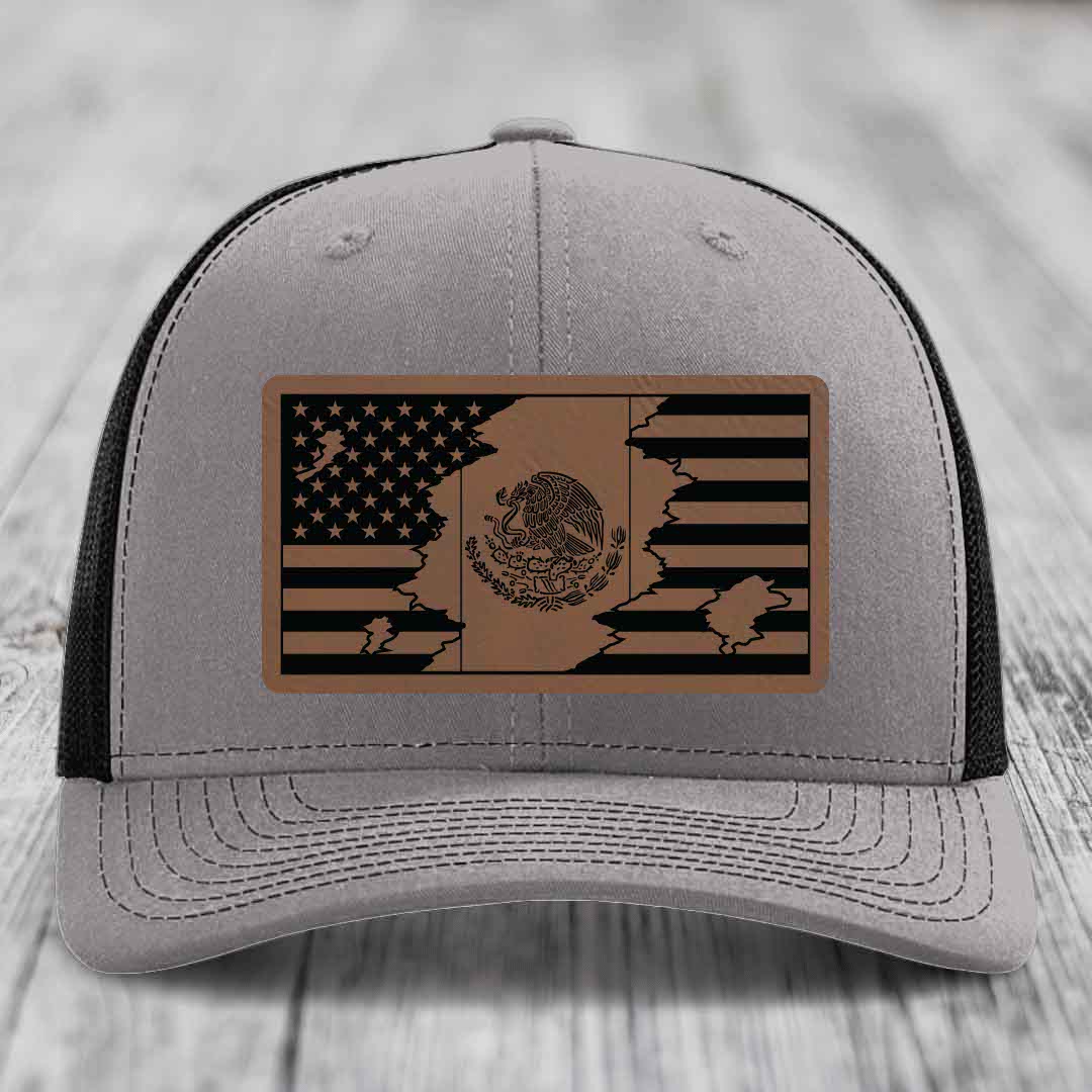 American Mexican Flag - Leather Patch Hat - Dark Brown to Black Patch - Richardson 112 Snapback Trucker Hat