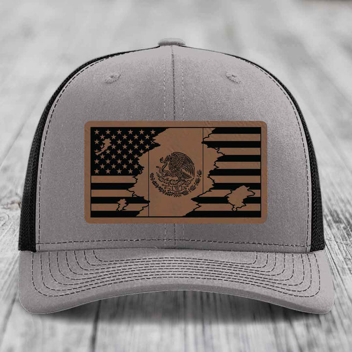 American Mexican Flag - Leather Patch Hat - Dark Brown to Black Patch - Richardson 112 Snapback Trucker Hat