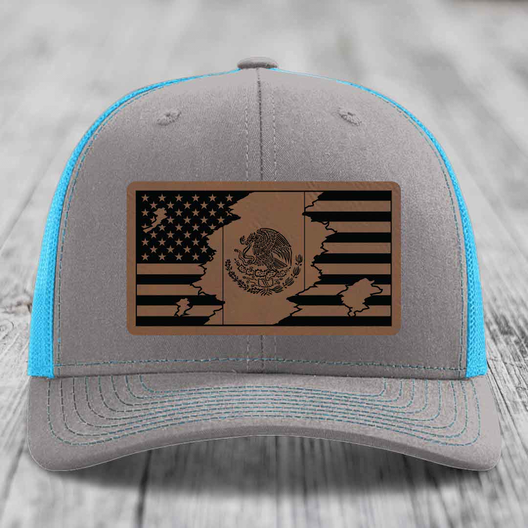 American Mexican Flag - Leather Patch Hat - Dark Brown to Black Patch - Richardson 112 Snapback Trucker Hat