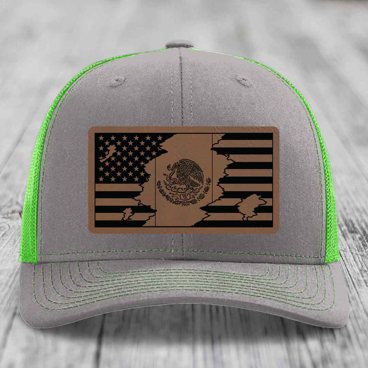 American Mexican Flag - Leather Patch Hat - Dark Brown to Black Patch - Richardson 112 Snapback Trucker Hat