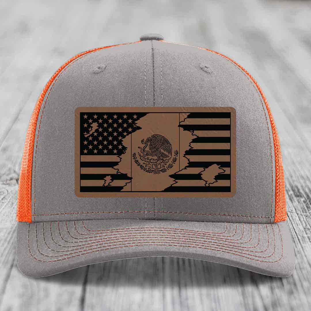 American Mexican Flag - Leather Patch Hat - Dark Brown to Black Patch - Richardson 112 Snapback Trucker Hat