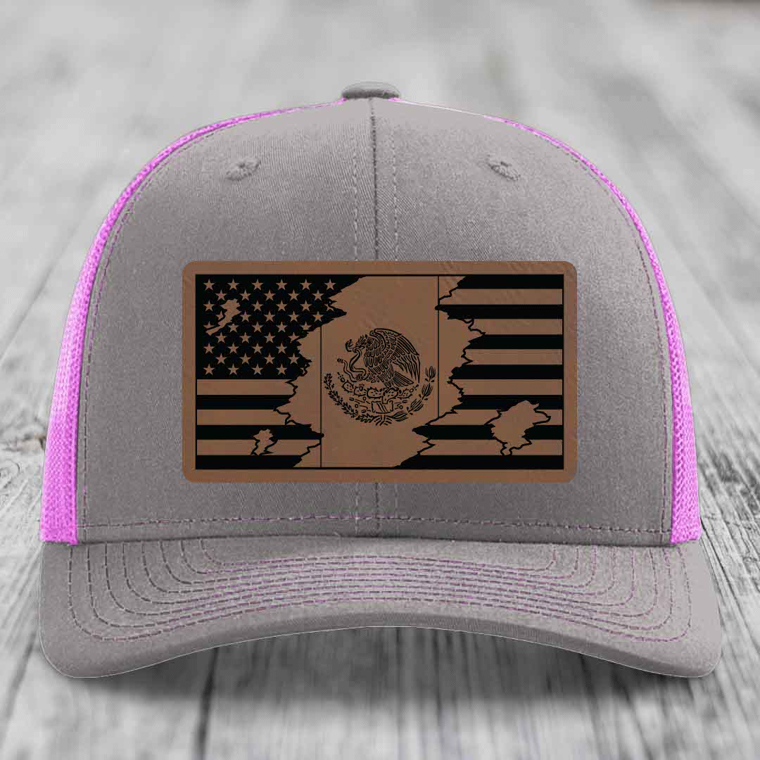 American Mexican Flag - Leather Patch Hat - Dark Brown to Black Patch - Richardson 112 Snapback Trucker Hat