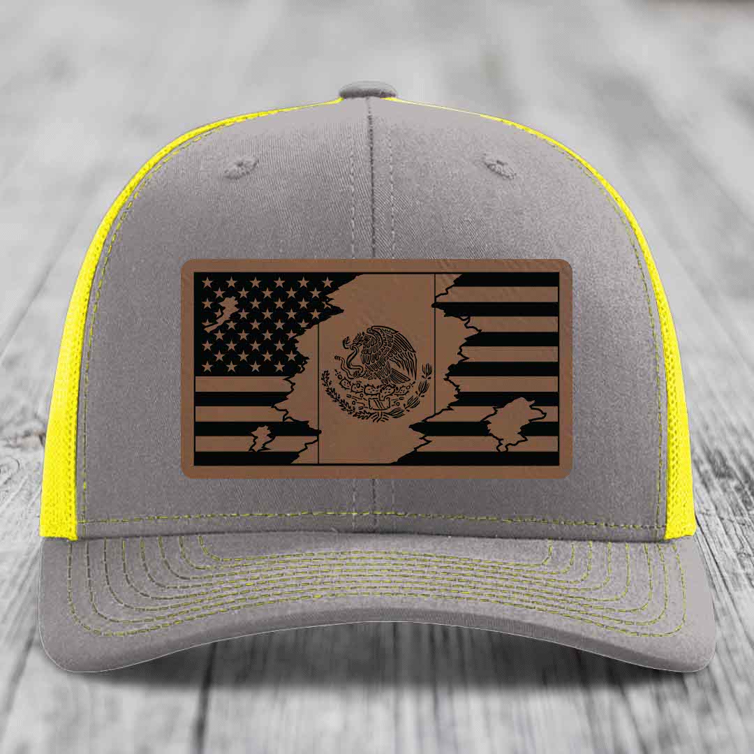 American Mexican Flag - Leather Patch Hat - Dark Brown to Black Patch - Richardson 112 Snapback Trucker Hat
