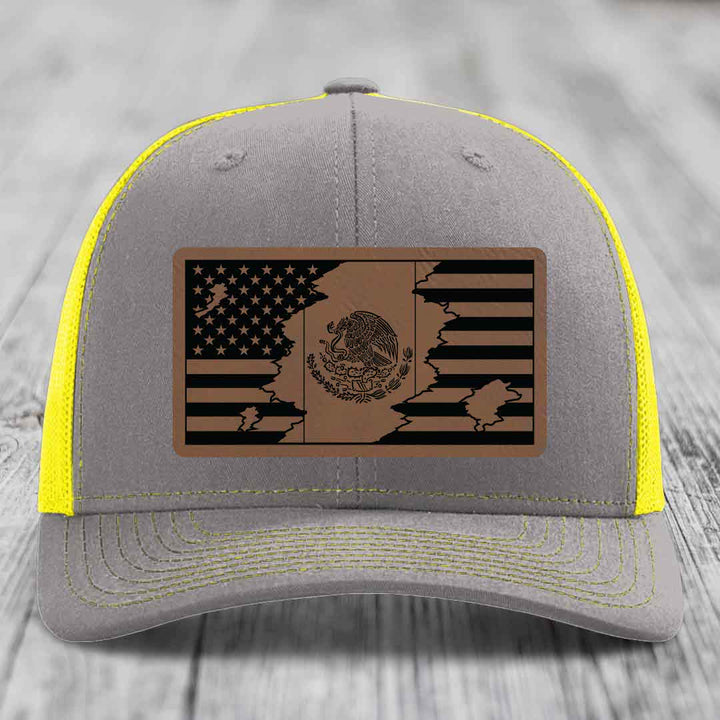American Mexican Flag - Leather Patch Hat - Dark Brown to Black Patch - Richardson 112 Snapback Trucker Hat