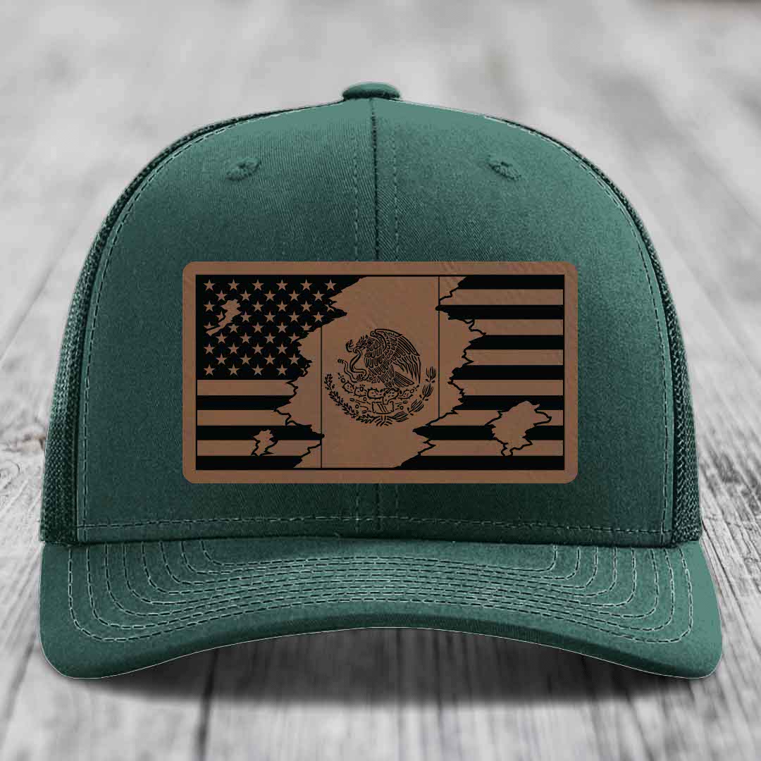 American Mexican Flag - Leather Patch Hat - Dark Brown to Black Patch - Richardson 112 Snapback Trucker Hat
