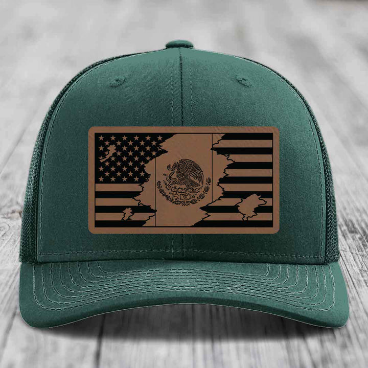 American Mexican Flag - Leather Patch Hat - Dark Brown to Black Patch - Richardson 112 Snapback Trucker Hat