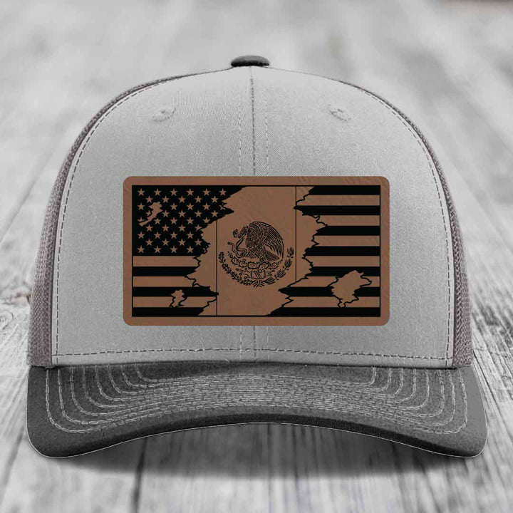 American Mexican Flag - Leather Patch Hat - Dark Brown to Black Patch - Richardson 112 Snapback Trucker Hat