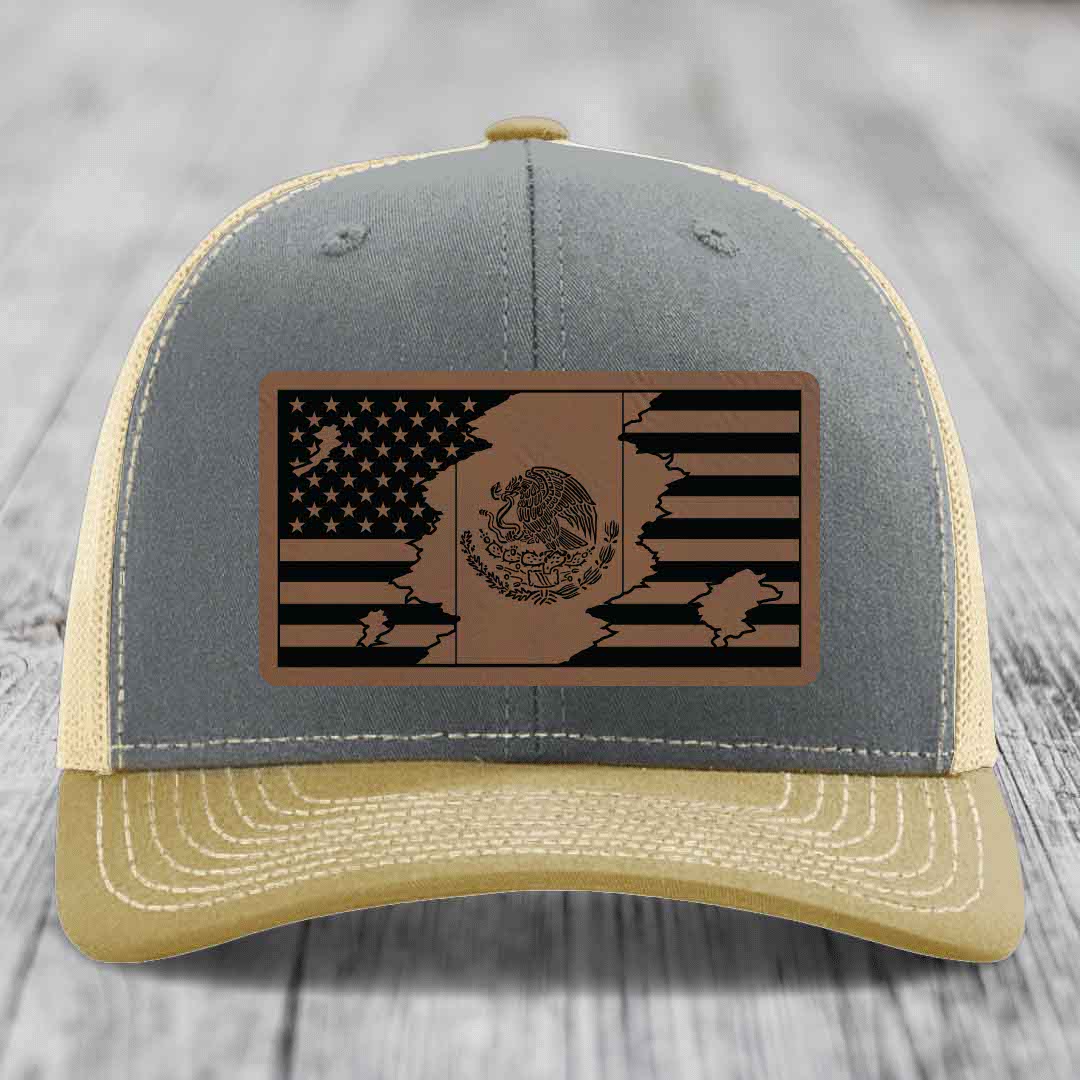 American Mexican Flag - Leather Patch Hat - Dark Brown to Black Patch - Richardson 112 Snapback Trucker Hat