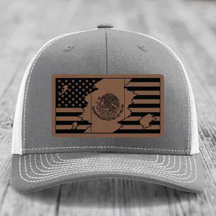 American Mexican Flag - Leather Patch Hat - Dark Brown to Black Patch - Richardson 112 Snapback Trucker Hat