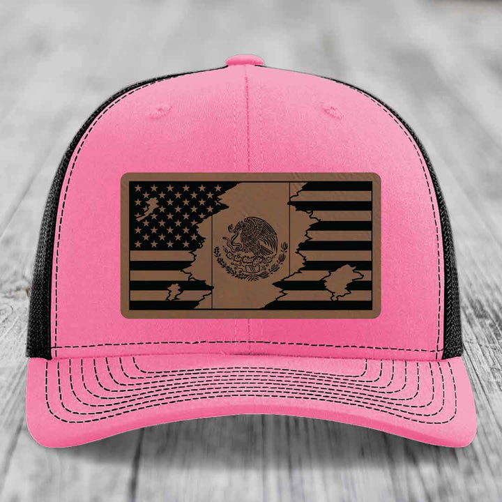 American Mexican Flag - Leather Patch Hat - Dark Brown to Black Patch - Richardson 112 Snapback Trucker Hat