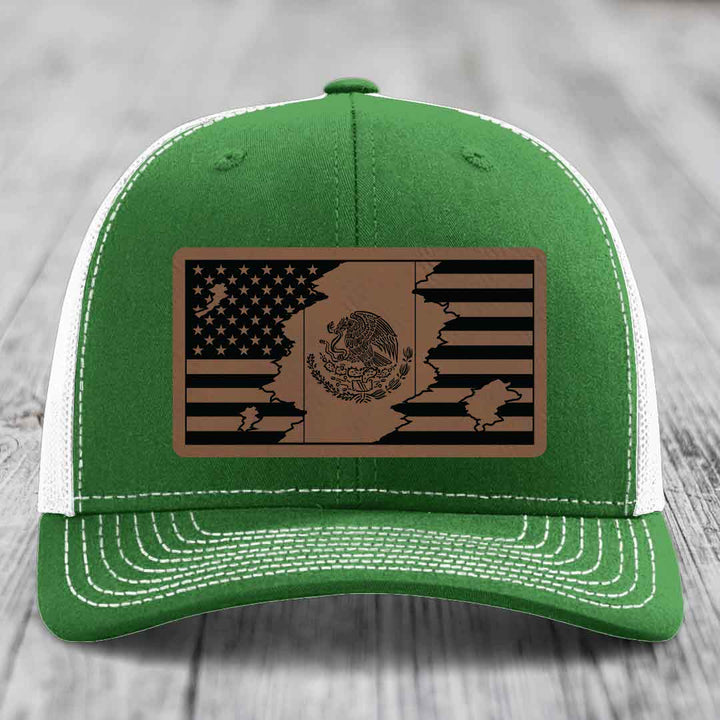 American Mexican Flag - Leather Patch Hat - Dark Brown to Black Patch - Richardson 112 Snapback Trucker Hat