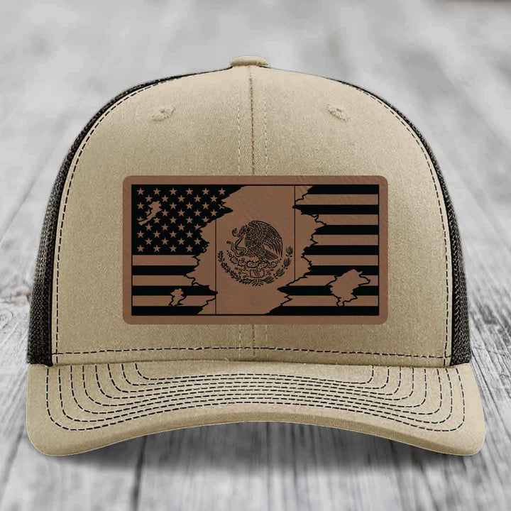 American Mexican Flag - Leather Patch Hat - Dark Brown to Black Patch - Richardson 112 Snapback Trucker Hat