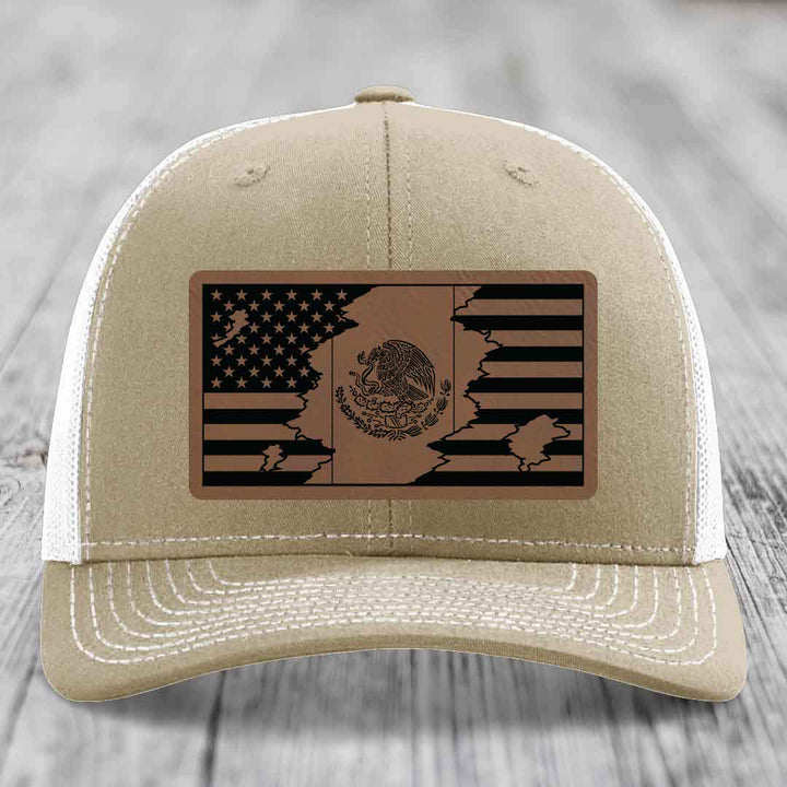American Mexican Flag - Leather Patch Hat - Dark Brown to Black Patch - Richardson 112 Snapback Trucker Hat