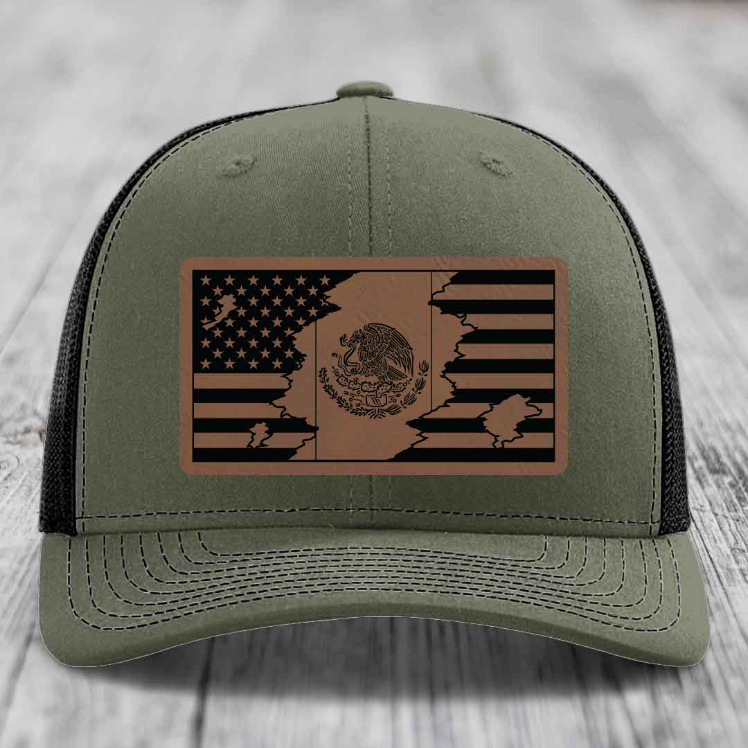 American Mexican Flag - Leather Patch Hat - Dark Brown to Black Patch - Richardson 112 Snapback Trucker Hat