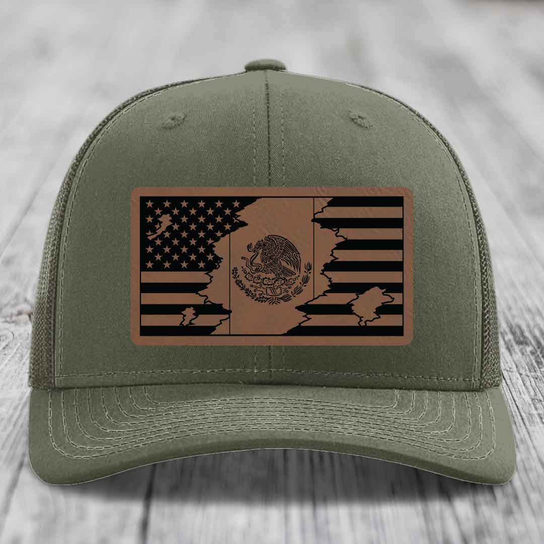American Mexican Flag - Leather Patch Hat - Dark Brown to Black Patch - Richardson 112 Snapback Trucker Hat