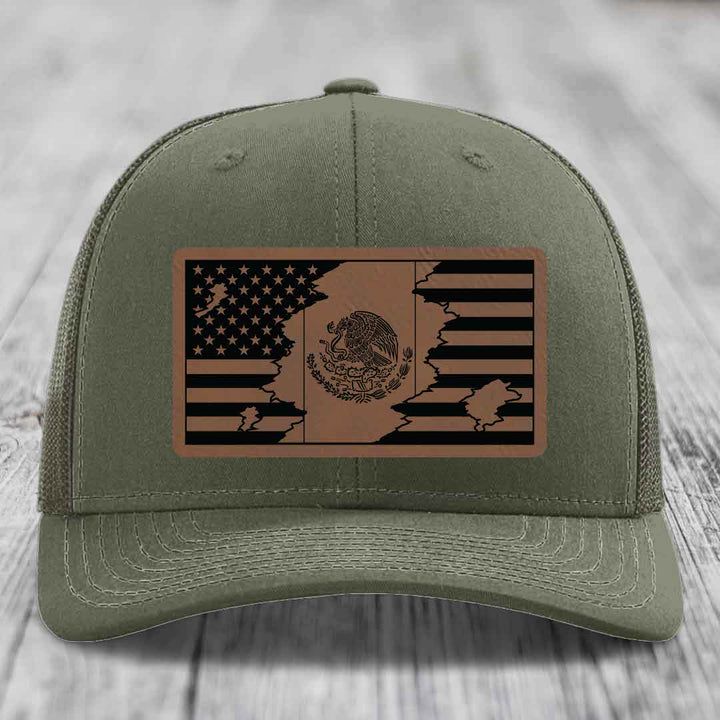 American Mexican Flag - Leather Patch Hat - Dark Brown to Black Patch - Richardson 112 Snapback Trucker Hat