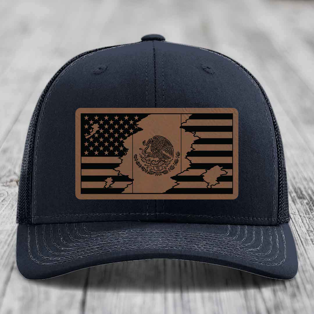 American Mexican Flag - Leather Patch Hat - Dark Brown to Black Patch - Richardson 112 Snapback Trucker Hat