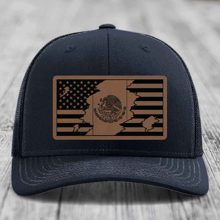 American Mexican Flag - Leather Patch Hat - Dark Brown to Black Patch - Richardson 112 Snapback Trucker Hat