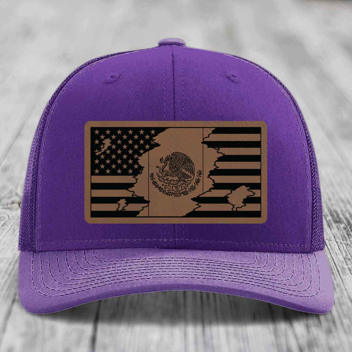 American Mexican Flag - Leather Patch Hat - Dark Brown to Black Patch - Richardson 112 Snapback Trucker Hat