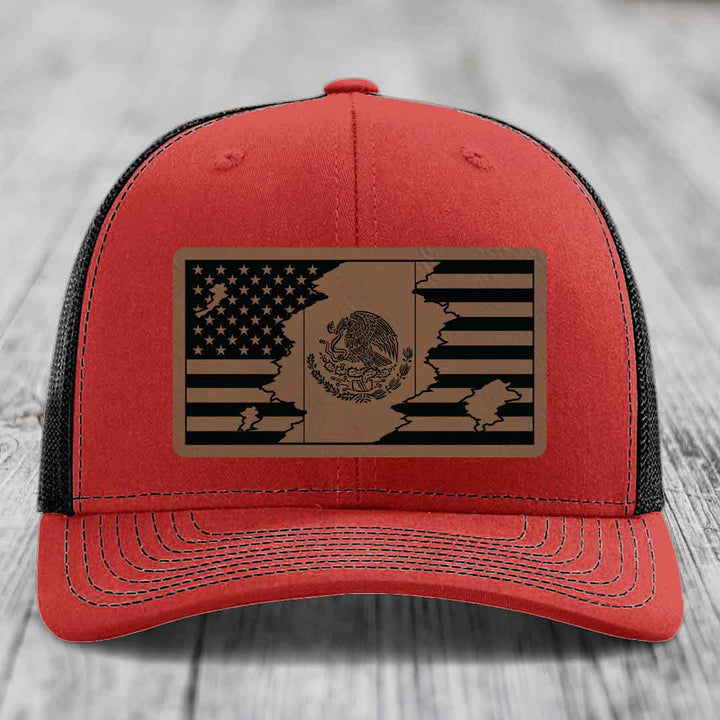 American Mexican Flag - Leather Patch Hat - Dark Brown to Black Patch - Richardson 112 Snapback Trucker Hat