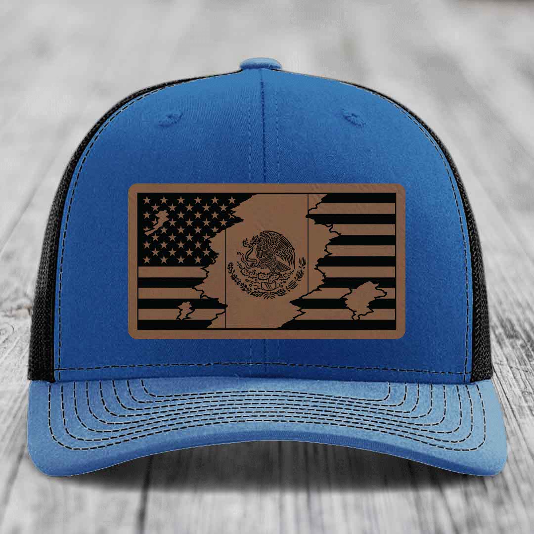 American Mexican Flag - Leather Patch Hat - Dark Brown to Black Patch - Richardson 112 Snapback Trucker Hat