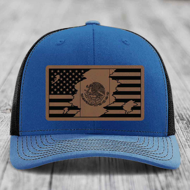 American Mexican Flag - Leather Patch Hat - Dark Brown to Black Patch - Richardson 112 Snapback Trucker Hat