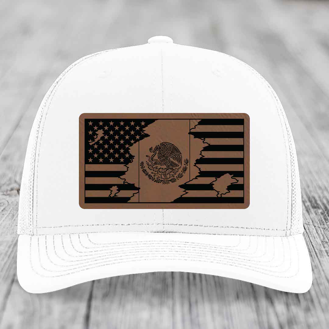 American Mexican Flag - Leather Patch Hat - Dark Brown to Black Patch - Richardson 112 Snapback Trucker Hat
