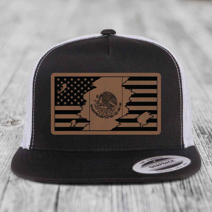 American Mexican Flag - Leather Patch Hat - Dark Brown to Black Patch - Yupoong 6006 Snapback Flatbill Hat