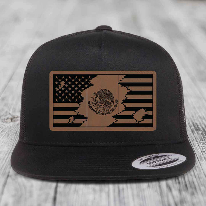 American Mexican Flag - Leather Patch Hat - Dark Brown to Black Patch - Yupoong 6006 Snapback Flatbill Hat