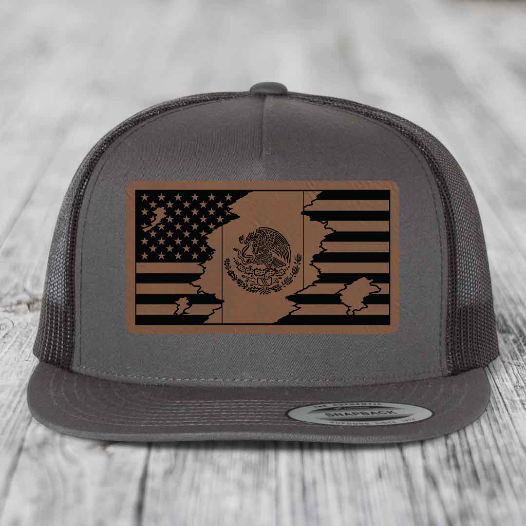 American Mexican Flag - Leather Patch Hat - Dark Brown to Black Patch - Yupoong 6006 Snapback Flatbill Hat