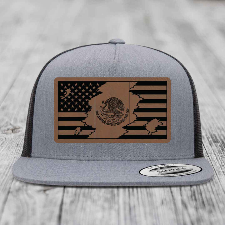 American Mexican Flag - Leather Patch Hat - Dark Brown to Black Patch - Yupoong 6006 Snapback Flatbill Hat