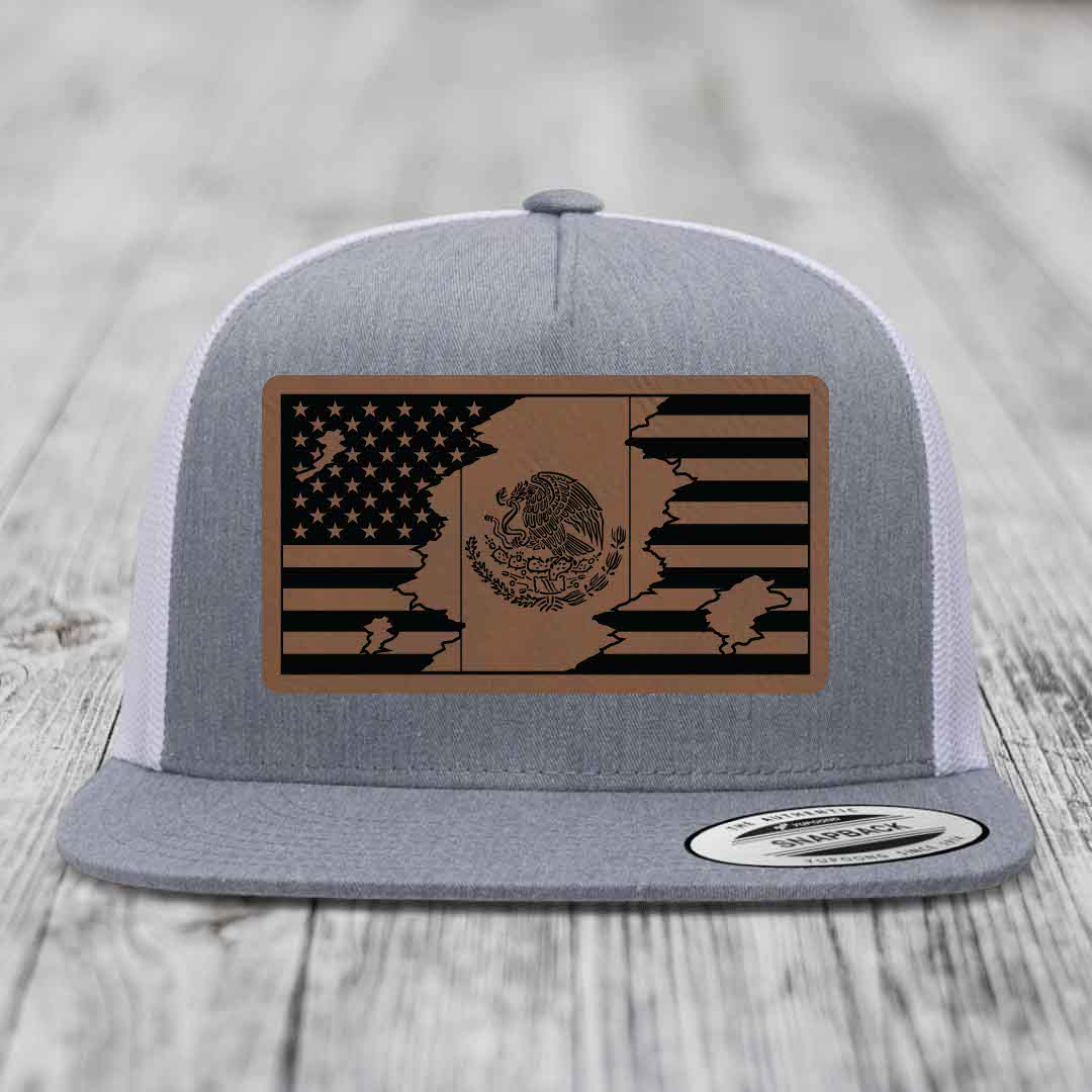 American Mexican Flag - Leather Patch Hat - Dark Brown to Black Patch - Yupoong 6006 Snapback Flatbill Hat