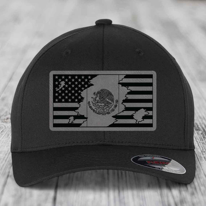 American Mexican Flag - Leather Patch Hat - Grey to Black Patch - Flexfit 6277 Fitted Hat