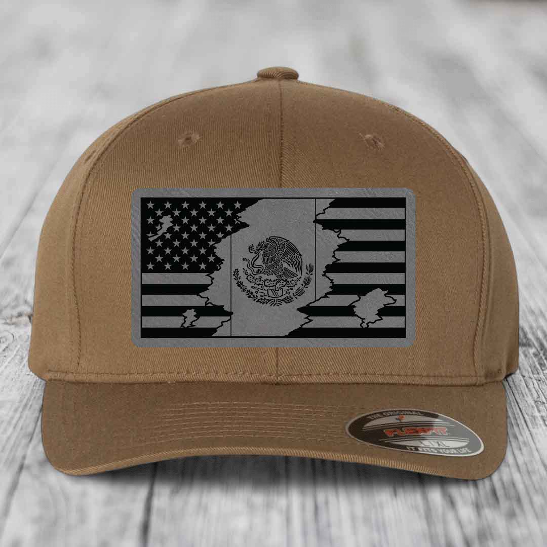 American Mexican Flag - Leather Patch Hat - Grey to Black Patch - Flexfit 6277 Fitted Hat
