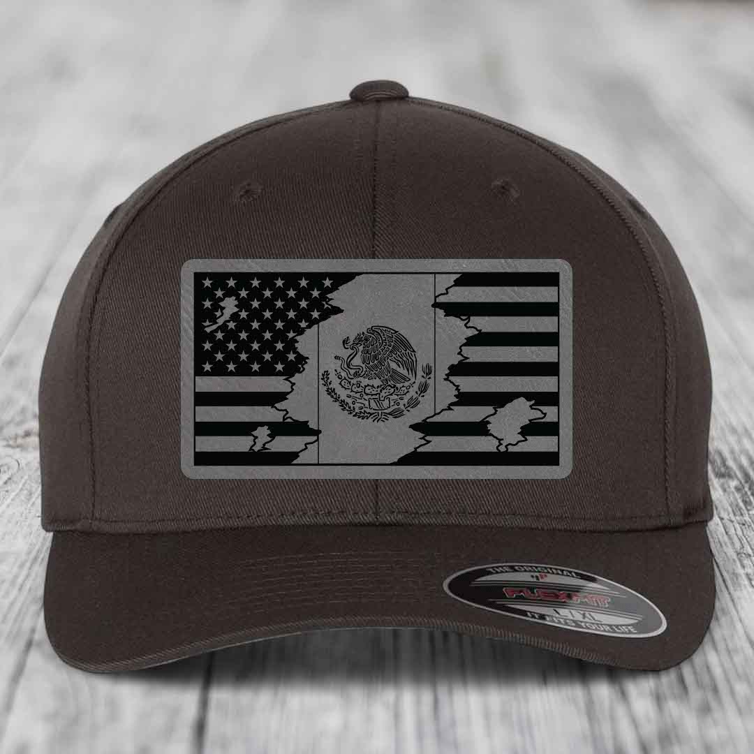 American Mexican Flag - Leather Patch Hat - Grey to Black Patch - Flexfit 6277 Fitted Hat