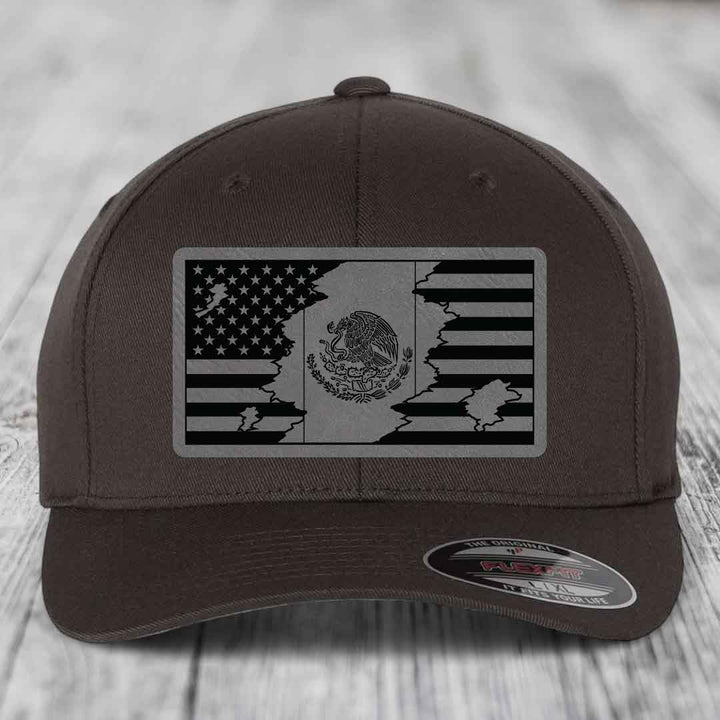 American Mexican Flag - Leather Patch Hat - Grey to Black Patch - Flexfit 6277 Fitted Hat