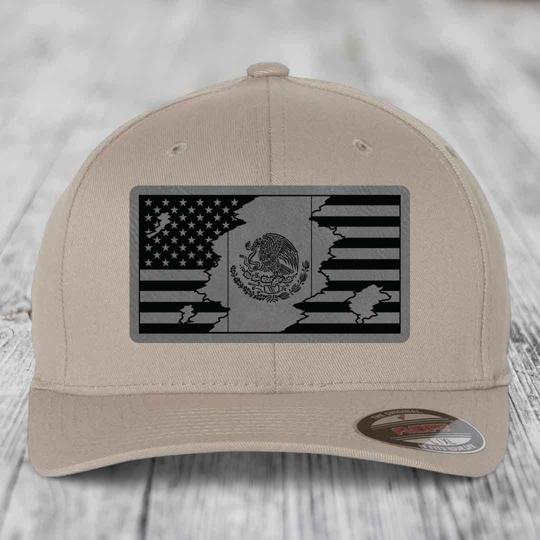 American Mexican Flag - Leather Patch Hat - Grey to Black Patch - Flexfit 6277 Fitted Hat