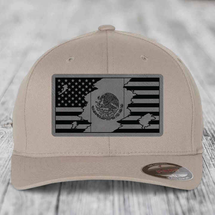 American Mexican Flag - Leather Patch Hat - Grey to Black Patch - Flexfit 6277 Fitted Hat