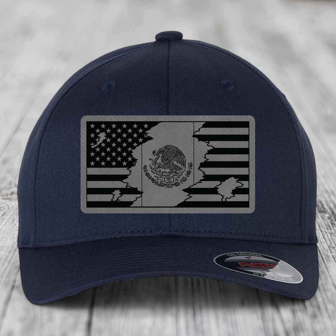 American Mexican Flag - Leather Patch Hat - Grey to Black Patch - Flexfit 6277 Fitted Hat