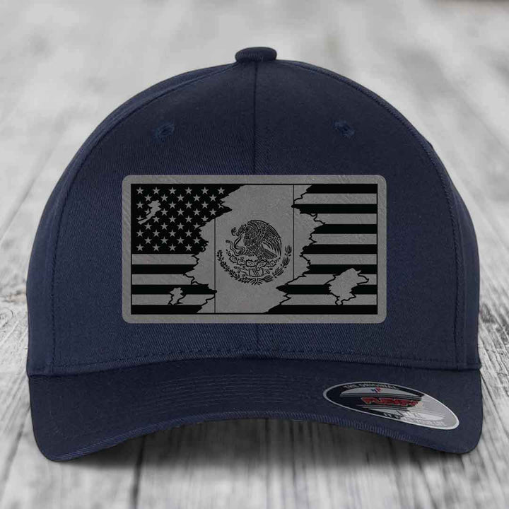 American Mexican Flag - Leather Patch Hat - Grey to Black Patch - Flexfit 6277 Fitted Hat