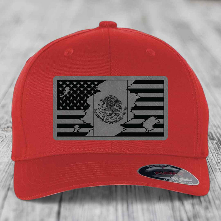 American Mexican Flag - Leather Patch Hat - Grey to Black Patch - Flexfit 6277 Fitted Hat