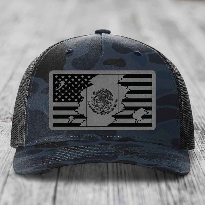 American Mexican Flag - Leather Patch Hat - Grey to Black Patch - Richardson 112PFP Snapback Trucker Hat