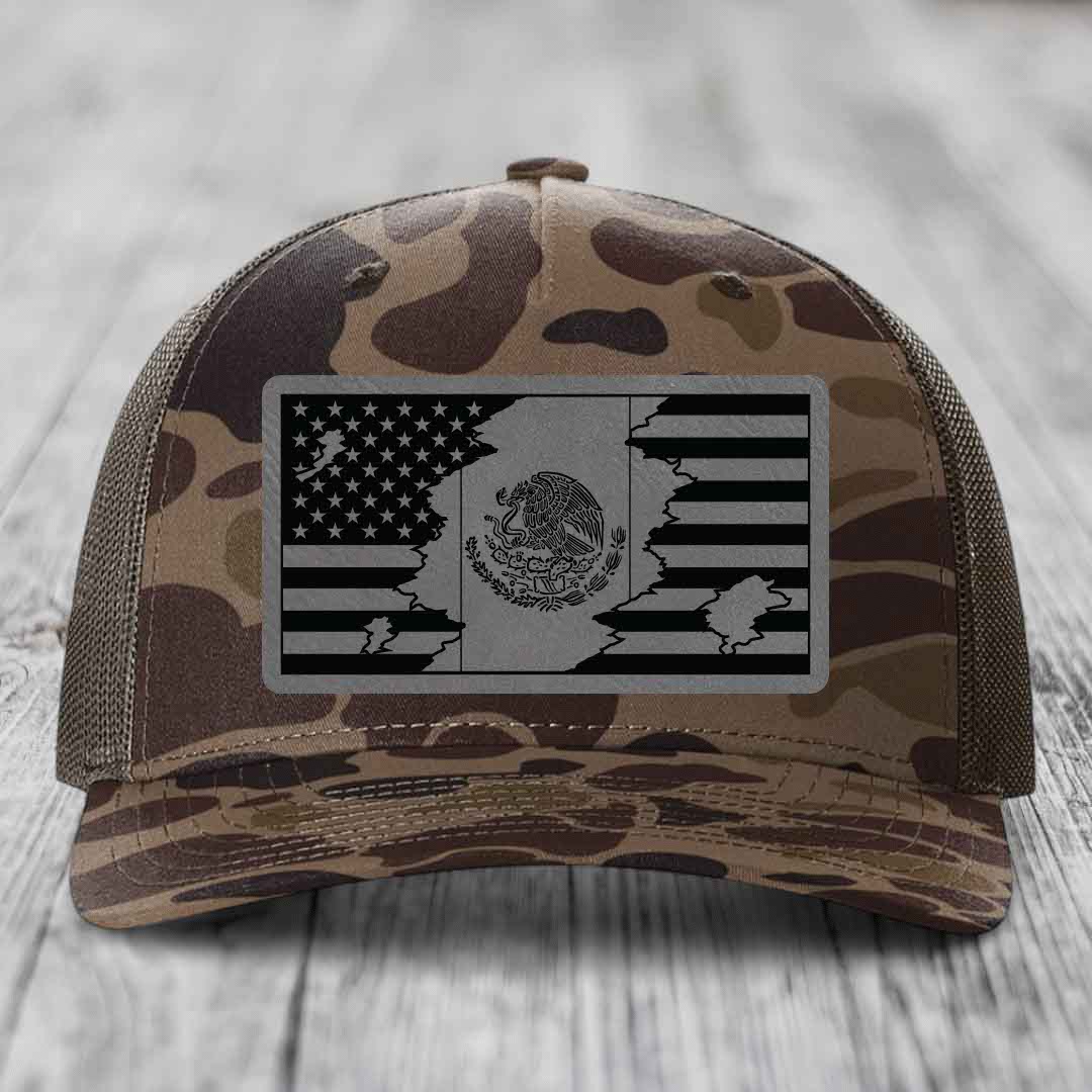 American Mexican Flag - Leather Patch Hat - Grey to Black Patch - Richardson 112PFP Snapback Trucker Hat