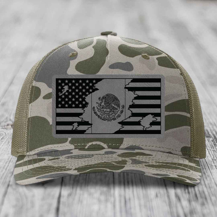 American Mexican Flag - Leather Patch Hat - Grey to Black Patch - Richardson 112PFP Snapback Trucker Hat