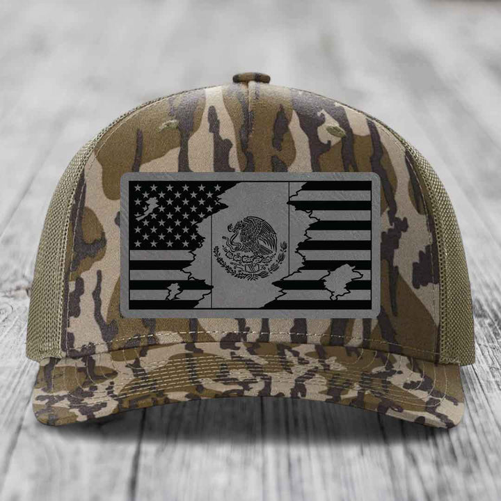 American Mexican Flag - Leather Patch Hat - Grey to Black Patch - Richardson 112PFP Snapback Trucker Hat