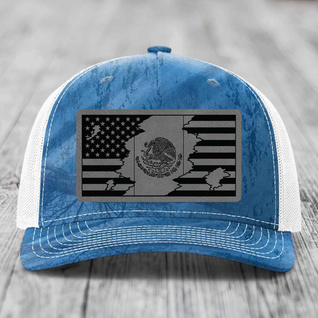 American Mexican Flag - Leather Patch Hat - Grey to Black Patch - Richardson 112PFP Snapback Trucker Hat