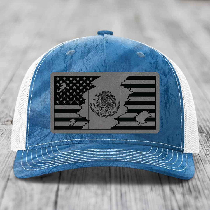 American Mexican Flag - Leather Patch Hat - Grey to Black Patch - Richardson 112PFP Snapback Trucker Hat